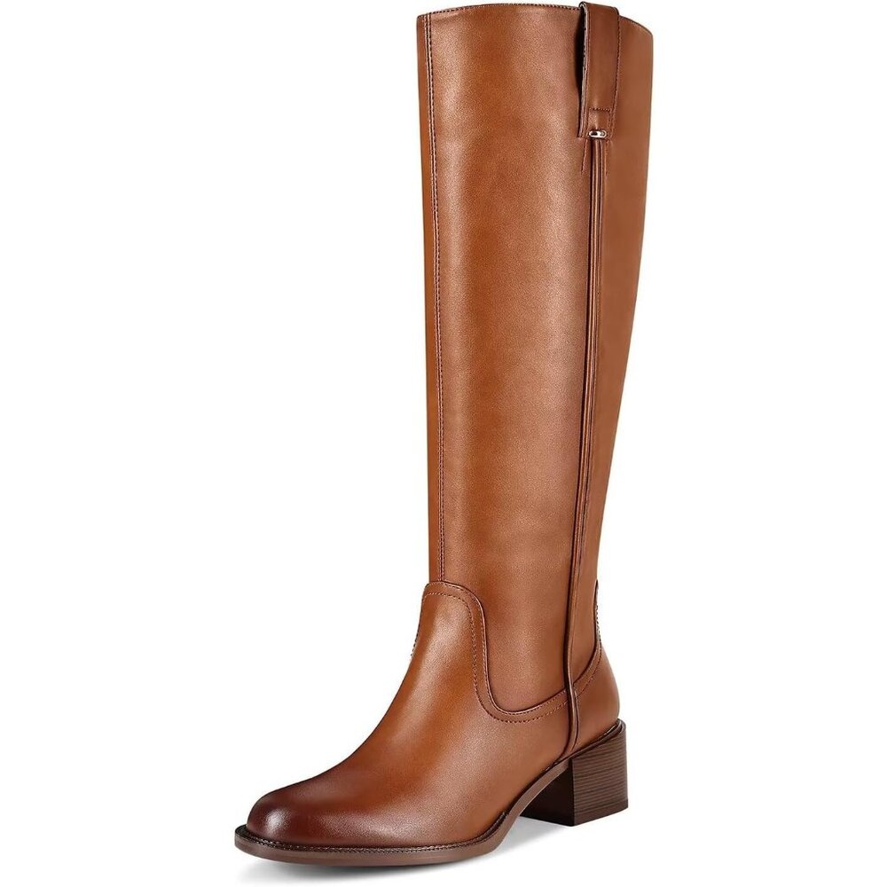 Women's A Brown Chunky Low Block Heel Round Toe Faux Leather Knee High Boots